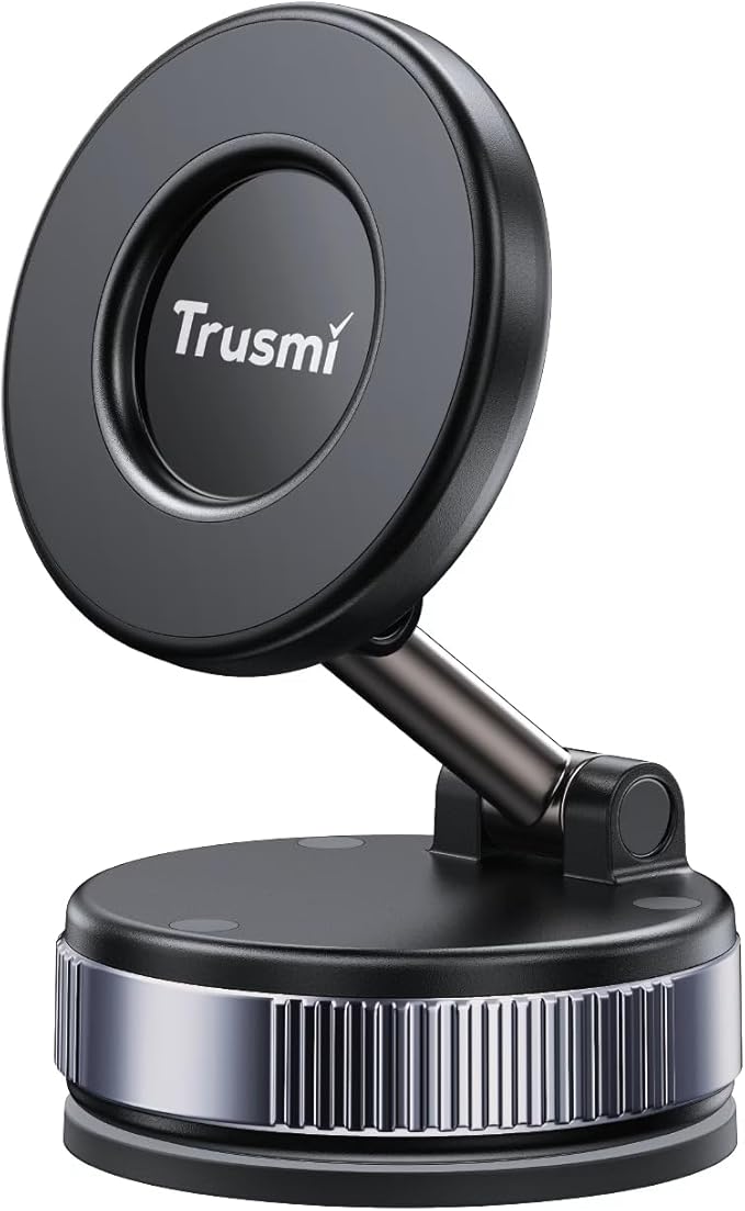 Trusmi Vacuum Magnetic Car Phone Holder - 16N Ultra-Strong Magnet Suction Cup Mount for Windshield & Glass, 360° Rotatable Manual Vacuum Adsorption Phone Stand for iPhone MagSafe & Android - Black