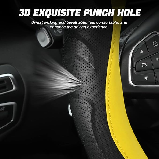 Leather Steering Wheel Cover, Auto Car Stretch Steering Wheel Protector, Universal 15 Inch Anti-Slip Breathable Odorless Steering Wheel Cover for Men Women (Black/Yellow)