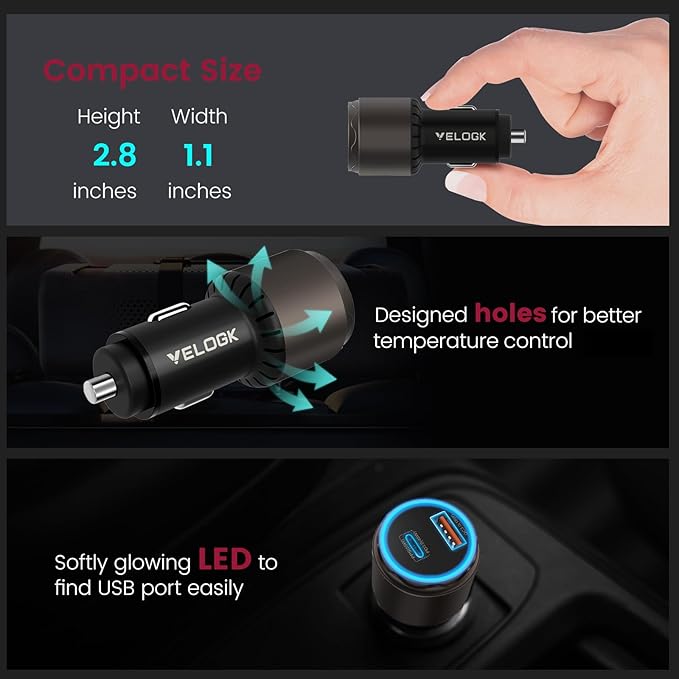 VELOGK Super Fast Type C Car Charger [73W Turbo], Fast Adaptive 55W 45W PPS/PD&QC3.0 USB C Car Adapter[Super Fast Charging 2.0]for Samsung S26 Ultra/S25 Ultra/S24 Ultra/S23 Ultra/S22+,iPad Pro,Macbook