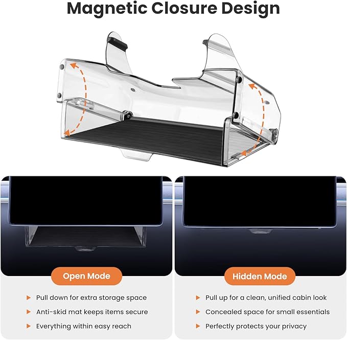 Under Screen Storage Box for Tesla Model Y Juniper 2025 26, Magnetic Hideable Center Console Organizer Tray for Tesla Model 3 Highland 2024 25, with Anti-Slip Silicone Pad, New Model Y 3 Accessories
