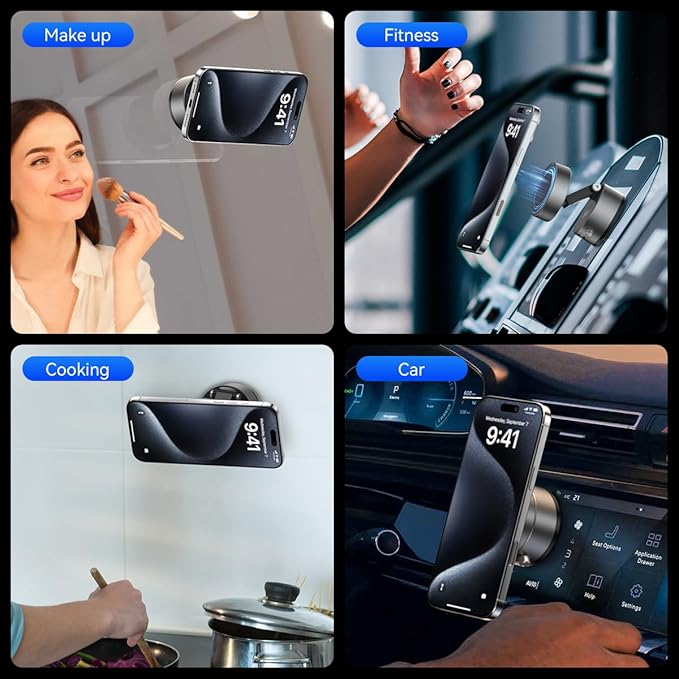 Vacuum Magnetic Suction Phone Holder,Upgraded 360° Adjustable Suction Cup Car Phone Mount,Hands-Free Cell Phone Holder for Car/Gym/Mirror/Smooth Surface,Compatible with iPhone 16/15/14/13/12 Series