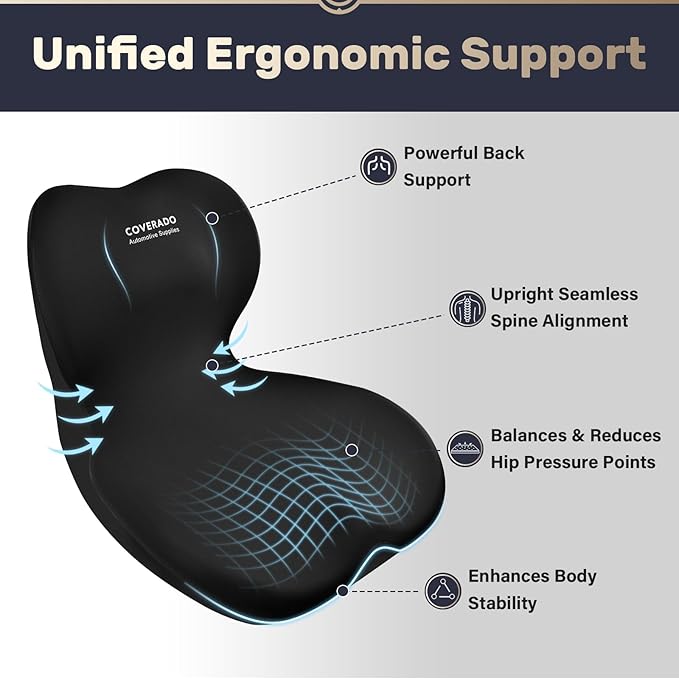Coverado Car Seat Cushion and Lumbar Support Pillow One Piece, Memory Foam Ergonomic Back Support Driving Seat Cushion for Back Pain, Non-Slip Washable Cushion for Car, Driver, Office
