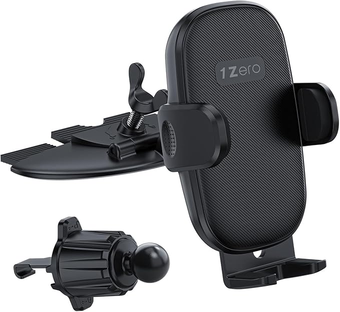 1Zero Easy One-Button Release CD Phone Holder for Car, Universal Air Vent & CD Slot Phone Mount, Thick Cases Friendly Cell Phone Holder for iPhone, Google, Samsung, Moto & Other Smartphones (Clamp)