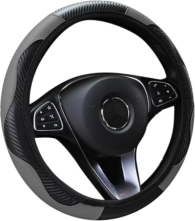 Car Steering Wheel Cover, 15 inch Carbon Fiber Microfiber Anti-Slip Breathable PU Leather Elastic Steering Wheel Protector, Car Interior Accessories for Most Cars (Gray)