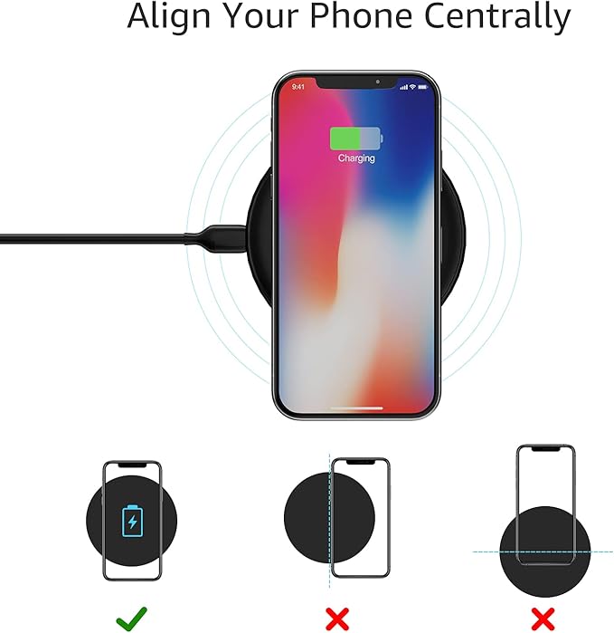 Amazon Basics 15W Qi Certified Fast Wireless Charging Pad with USB Cable for iPhone 15/14/13/12/11/X, Samsung and LG, Case Compatible, Black