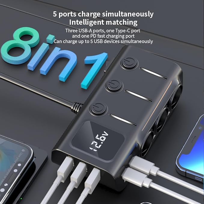 3 Socket Cigarette Lighter Splitter 3 USB+2 Type C Port Quick Car Charger Adapter with LED Voltage Display and on/Off Switch for iPhone Samsung