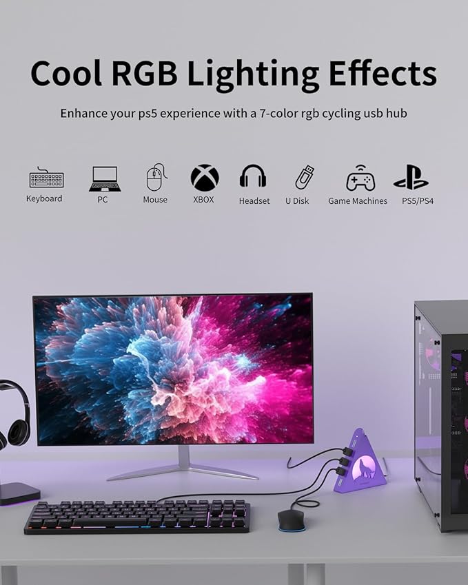 Deep Purple 7-Port USB 3.0 Hub, RGB Vertical Gaming USB Hub Tower with 5Gbps Data Transfer, 2FT Cable - USB Hub Splitter for PC, MacBook, Laptop, PS5, Flash Drives