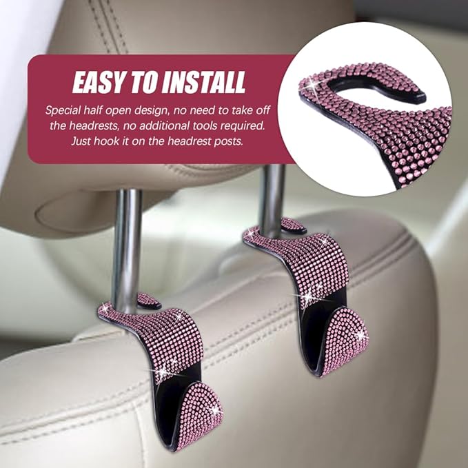 2 Pack Car Seat Headrest Hook, Bling Car Hooks Front Seat, Back Seat Organizer Hanger Storage Hook Car Purse Hook for Bags, Clothes, Coats, Grocery Bags (Pink)