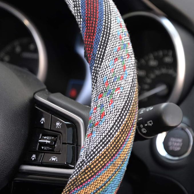 Carbella Woven Boho Bohemian Hippie Saddle Blanket Style Steering Wheel Cover for Women - Fits Most Standard Wheel Sizes 14.5 - 15 inch Woven Style - Aztec / Incan