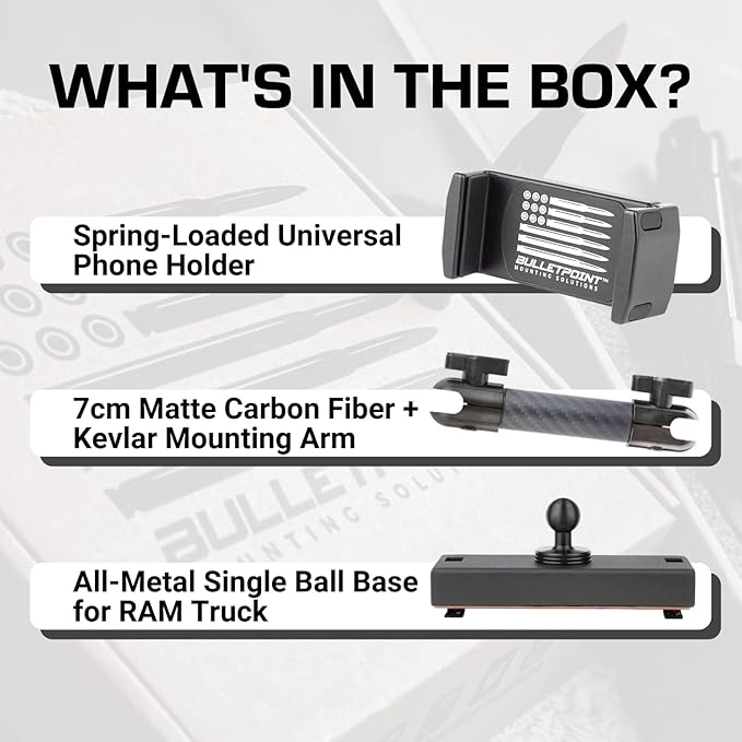 Bulletpoint Dash Cell Phone Holder For RAM Truck (2019+ 1500, 2500, 3500 and TRX) with 20mm Single Ball Mount - Compatible with iPhone and Android Smartphones