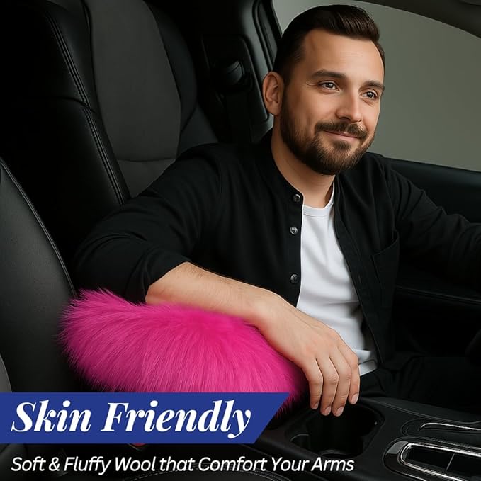 Andalus Brands Pure Australian Sheepskin Fluffy Car Center Console Cover, Luxurious Non-Shedding Furry Arm Rest Cover for Car, Versatile for All Seasons, Hot Pink - (11.47" X 6.3")