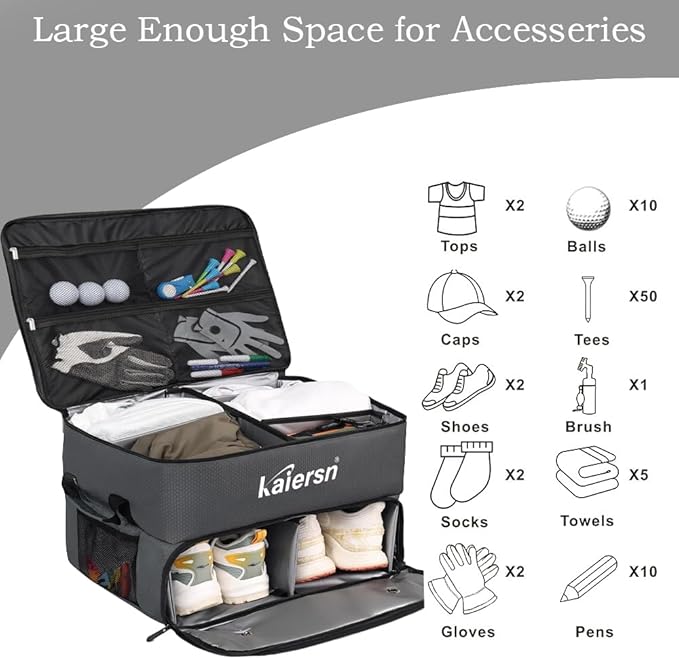 2 Layer Golf Trunk Organizer, Waterproof Car Golf Locker with Separate Ventilated Compartment for 2 Pair Shoes, Golf Trunk Storage for Balls, Tees, Clothes, Gloves, Accessories, Golf Gifts