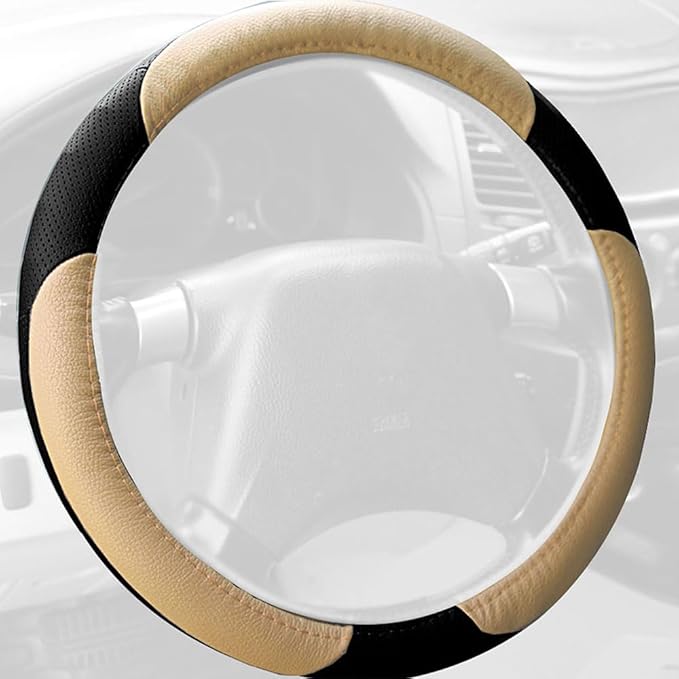 FH Group Universal Fit Perforated Genuine Leather Beige Black Steering Wheel Cover Fits Most Cars, SUVs