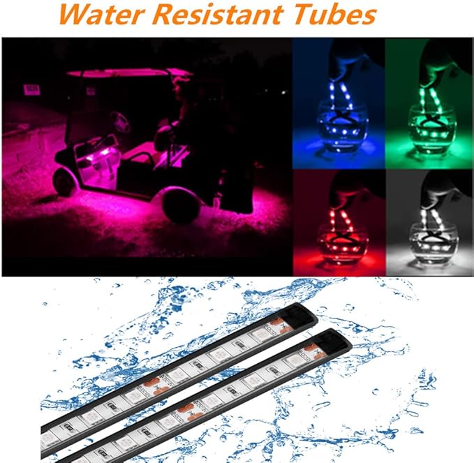 4 Pcs Golf Cart Underglow Lights, RGB Led Strip Lights for EZGO Yamaha Club Car, RF/APP Control, Sound Active, Music Sync with Voltage Reducer, Water Resistant Flexible Tubes