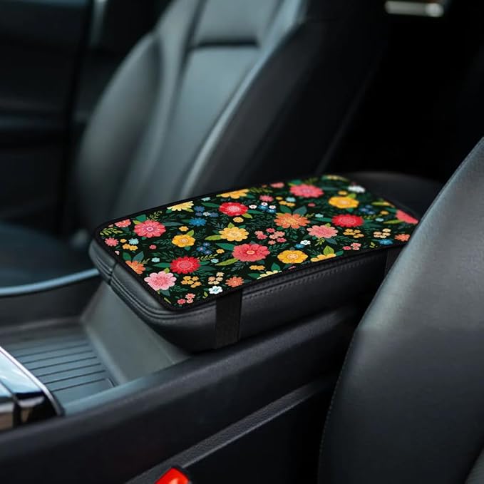 1pc Center Console Armrest Cover Pad 12.6x7.5 inch Flower Neoprene Car Armrest Cushion Waterproof Armrests Seat Box Cover Protector for Universal Cars Vehicles SUVs