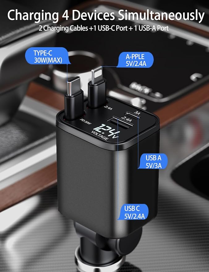 Retractable Car Charger, 4 in 1 Fast Car Charging USB c,Road Trip Essentials,Travel Essentials Gifts for Women Men, Car Accessories for iPhone 16 15 14 13 12, Samsung, Black