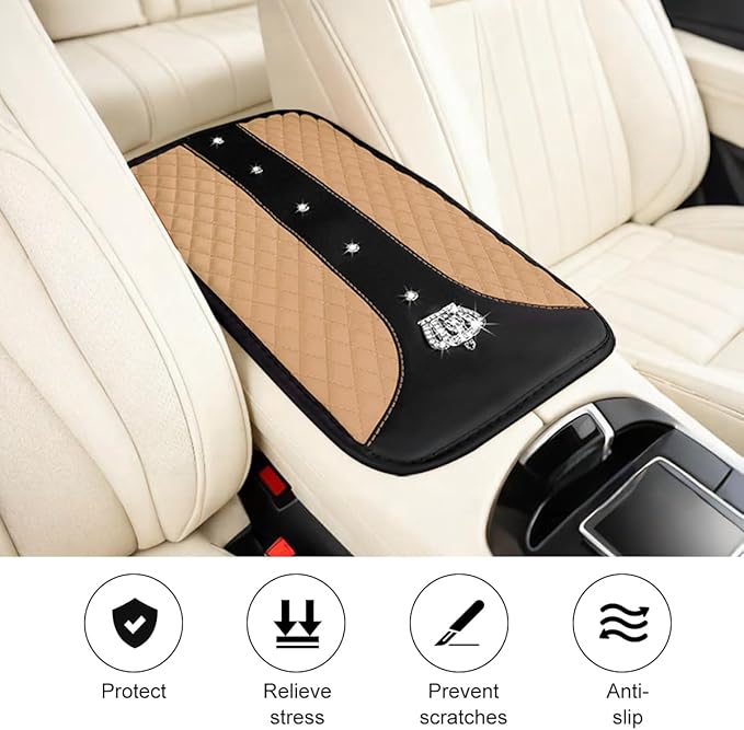 Bling Car Center Console Cover, Crown Crystal Rhinestones Vehicle Armrest Mat Protector, Anti Slip Sparkling Automotive Arm Rest Seat Box Cushion Pad Decor Accessories, Universal Fit (Beige)