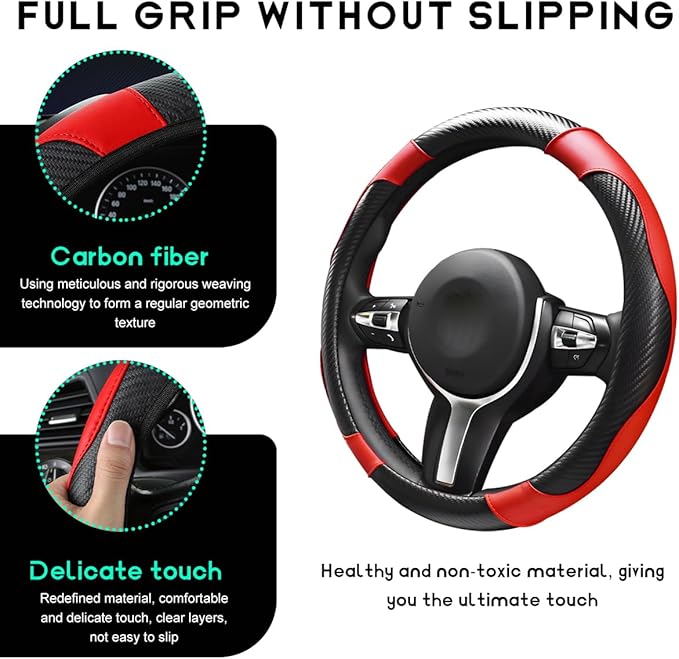 Car Steering Wheel Cover, 15 inch Carbon Fiber Microfiber Leather Elastic Steering Wheel Protector, Breathable Anti-Slip Comfortable Steering Wheel Covers for Most Cars (Black&Red)