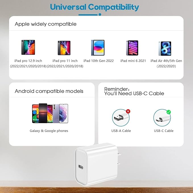 USB C iPad Fast Charger for iPad Pro 13/12.9/11 in 2025/2024/2022/2021/2020/2018,iPad Air 4th/5th Gen,Mini 6th/A17 Pro,iPad 10/A16,20W Wall Fast Charger Block with Extra Long 10FT USB C to C Cable