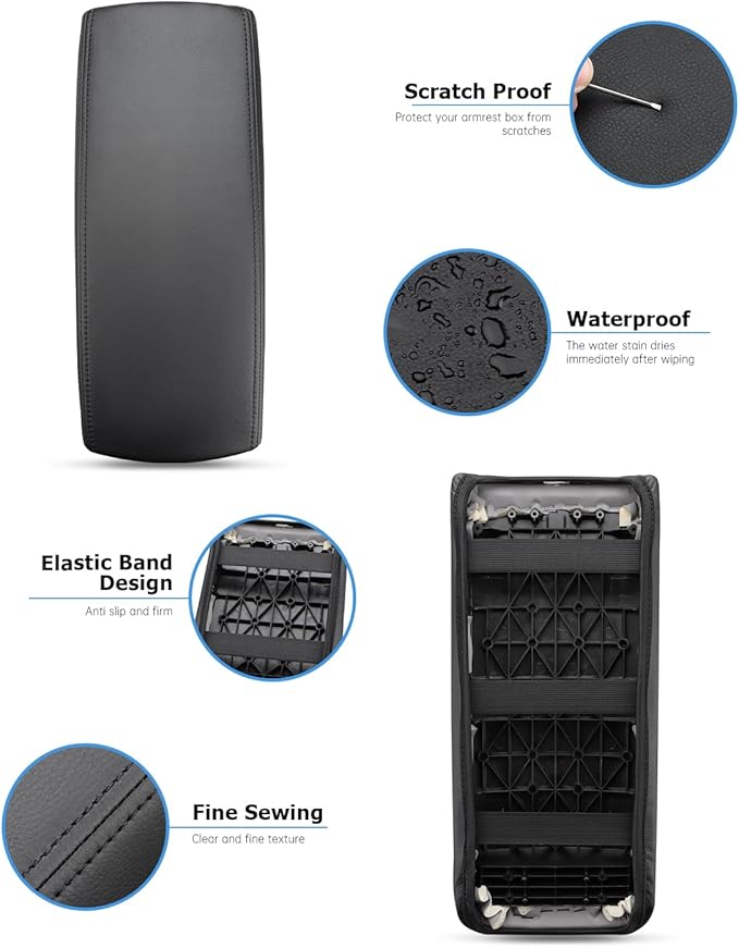 INTGET Center Console Cover for Toyota Prius Accessories 2004 2005 2006 2007 2008 2009 Leather Middle Armrest Cover Car Interior Arm Rest Lid Protector (Black Stitches, Skin Only)