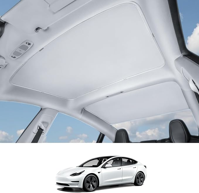 HALOBLK Non-Sag Glass Roof Sunshade with Storage Bag Designed for Model 3, Foldable Sunroof Shade with Heat Insulation Cover for 2021-2023 Model 3 (Gray)