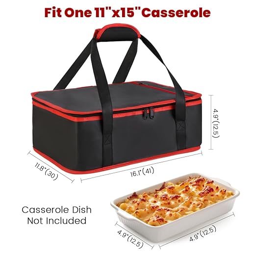 Bodaon Insulated Casserole Carrier for Hot or Cold Food, Fits 9"x13" and 11"x15" Baking Dish with Lid, Insulated Carriers for Transport, Travel Food Warmer Container Bags (Single Decker, Black-Red)