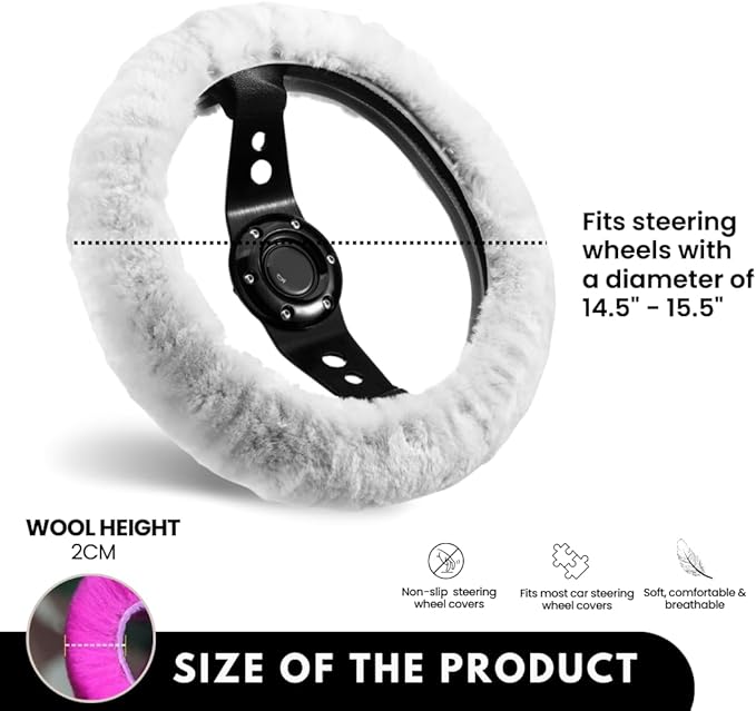 Andalus Brands Luxury Fluffy Car Steering Wheel Covers – Genuine Merino Sheepskin, Soft Fuzzy Car Steering Wheel Cover for Women, Universal 14.5-15" Size, Plush Fur Cute Auto Accessories, White