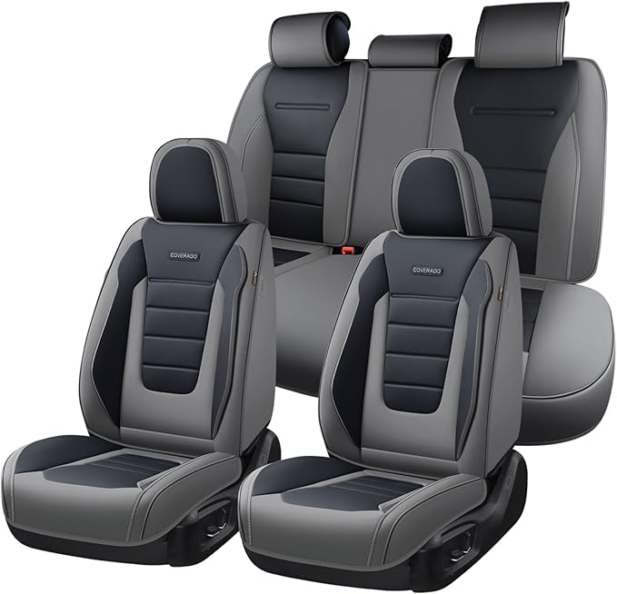 Coverado Car Seat Covers Full Set, Nappa Leather Seat Covers for Cars, Car Seat Protector Car Seat Cushion, Front and Back Seat Protectors Cushions Universal Fit for Most Cars Vehicles(Gray&Black)