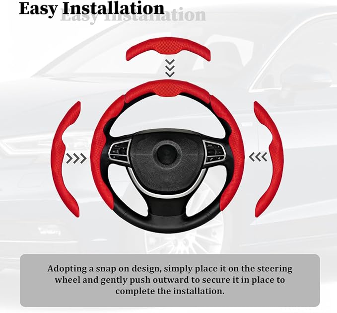 3PCS Car Steering Wheel Cover, Nappa Leather Breathable Non-Slip Segmented Steering Wheel Protector, Snap-on Auto Interior Decoration Accessories, Universal Fit (Red)