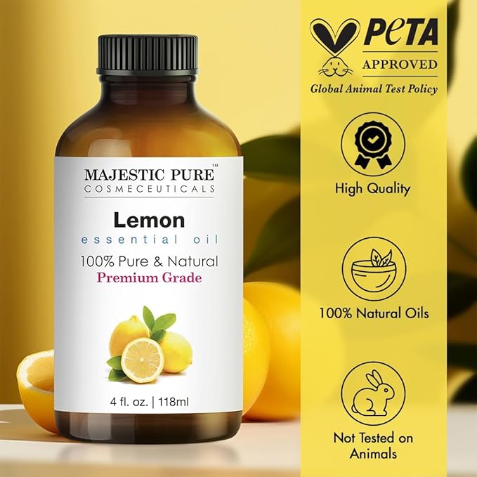 Majestic Pure Essential Oil with Glass Dropper - 100% Pure and Natural - Essential Oils for Diffuser, Aromatherapy, Soap and Candle Making, Lemon Essential Oil, Lemon Oil, 4 Fl Oz