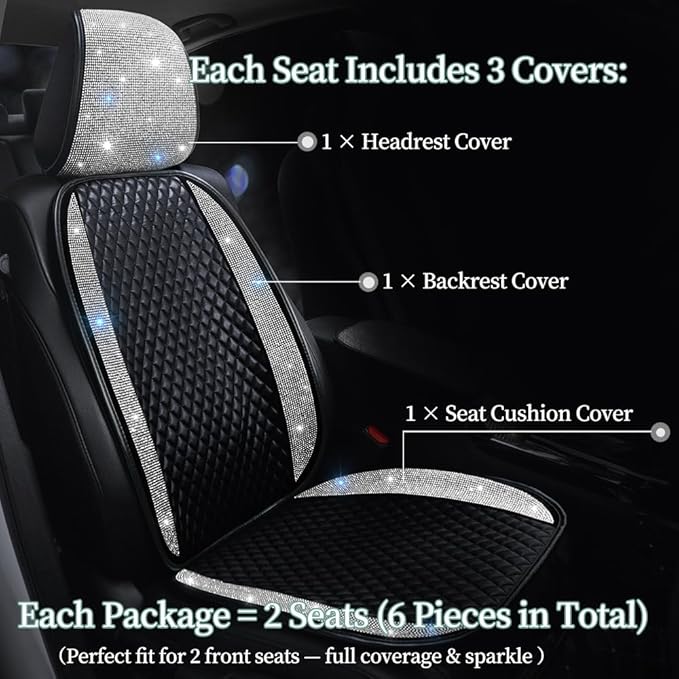 Bling Crystal Rhinestones Car Front Seat Covers for Womens Shining Diamond Seat Protectors, Anti-Slip Bottom Seat Cushion Covers for Auto Universal Fit Interior Accessories White 2Seats