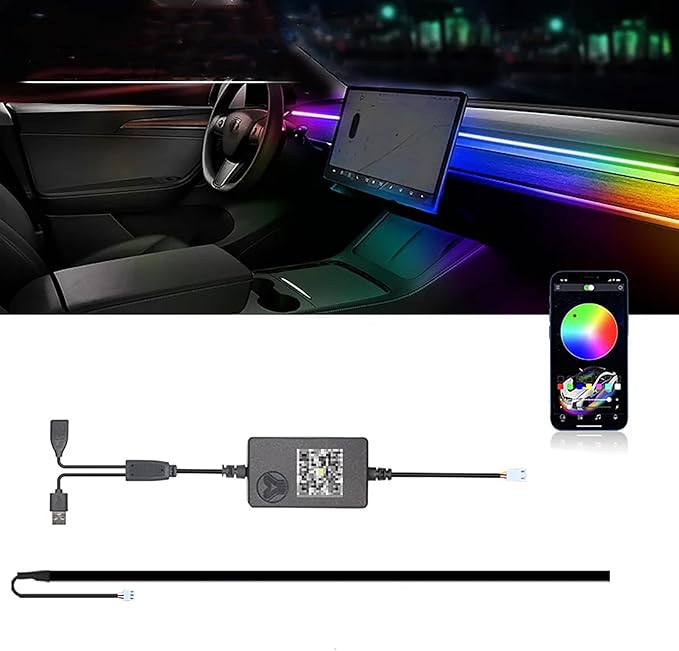 Interior Neon Lights for Tesla Model Y/3, Dreamcolor Acrylic Interior Car LED Strip Light for Tesla, Dynamic Chasing Music Sync Neon Ambient Lighting Kits for Tesla Model Y/3 (1 Strip Set A)
