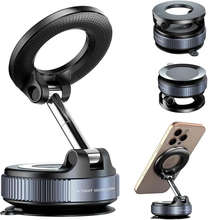 Vacuum Magnetic Phone Holder for Car Phone Holder 360° Adjustable Car Phone Mount for Magsafe Cell Phone Holders for Your Car for iPhone 16 Pro Max 15 14 13 12 Plus & Android (Black)