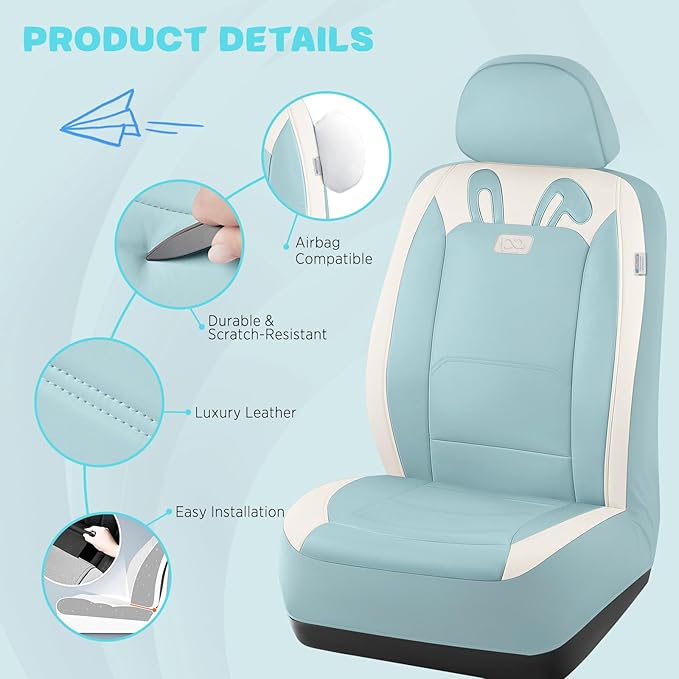 PIC AUTO Car Seat Covers, Cute Rabbit Premium Blue Leather Seat Covers, Universal Fit Front Seat Covers for Cars, Trucks, SUVs, Soft & Wear-Resistant Auto Interior Protection with Airbag-Compatible