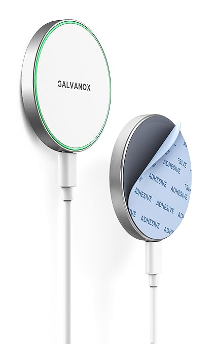 GALVANOX Compatible with MagSafe Wall Mounted Magnetic Wireless Charger, (15W) Fast Charging, Stick-on Adhesive Design with Removable USB-C Cable (5FT) White