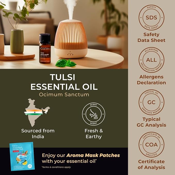 100% Pure Holy Basil (Tulsi) Essential Oil - 0.34 Fl Oz - Holy Basil (Tulsi) Oil for Hair, Skin, Diffuser, Aromatherapy & DIY Candle Making Scent