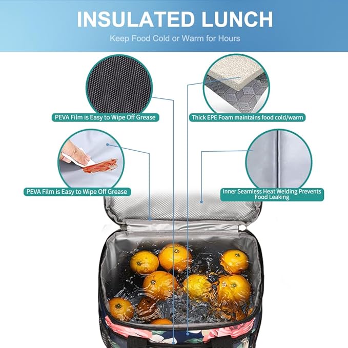iknoe Insulated Lunch Bag, Foldable 8.5L Cooler Bag for Men & Women, Leakproof Thermal Design, Great for Office, Picnic, Travel, Lunch Box,Flower