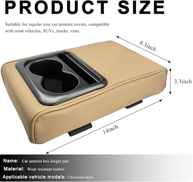 Car Center Console Armrest Pillow, 14"×8.3" Waterproof Leather Armrest Box Cover with Cup and Phone Holder, Soft Memory Foam Arm Rest Console Pad Protector for SUV Truck (Beige, Glossy)