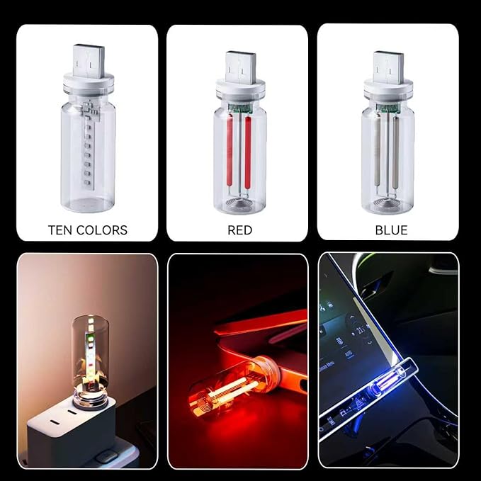4 PCS USB Night Light, Touch Dimmable Mini USB LED Car Interior Ambient Lights, Portable Plug-in Glass Bottle Night Lamp for Car, Tent, Desk, Bedside(4RGB)