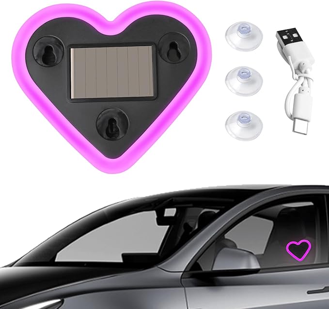 6 Lighting Modes Solar Powered Car LED Ambient Light, Rechargeable Wireless LED Heart Shape C-Pillar Neon Light, AutoGlow Solar Heart Light for Car Window Romantic Decor Surprising Gifts