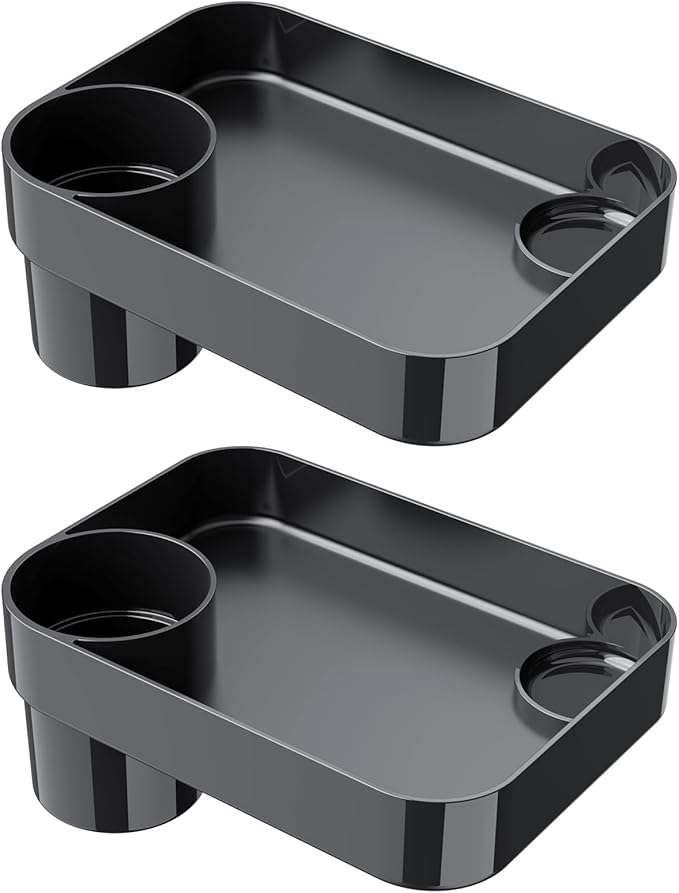 [2 Pack] Car Seat Snack Tray for Toddlers - 3 Inch Cup Holder Fits Most Sippy Cups & Straw Bottles with Dip Well, Mess-Free Square Kids Travel Tray Road Trip Essentials, Black, 2
