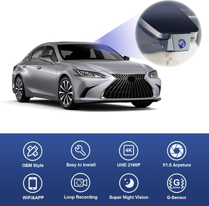Fitcamx 4K Dash Cam Suitable for Lexus ES 2019-2025 ES350 ES300h F Sport ES250, OEM Style, 2160P UHD Video, Built-in WiFi & APP, Loop Recording, G-Sensor, Plug&Play, 64GB Card