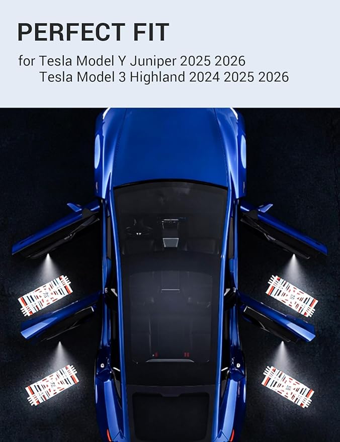Motrobe 4PCS Puddle Lights for Tesla Model Y Juniper 2025 2026 Model 3 Highland 2024-2026 4K HD Ultra-Bright Cyber-Stripe Projection Door Lights No Error Code Never Fade Tesla Accessories
