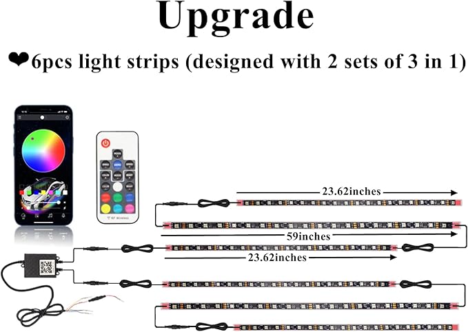 Car Underglow Kit, 12V 6 pcs RGB Led Lights Strip Neon Ambient Sets with Turn Signal for Cars, SUV, Truck Exterior Chassis Colorful Glow Accessories Controlled by APP, Sync to Music