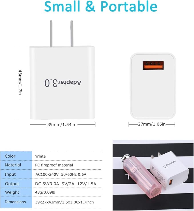 18W USB Wall Charger Block Fast Phone Charger USB Plug Compatible with Galaxy S25 S24 S21 S10, iPhone 16 15, Sun Light Lamp, 2Pack White