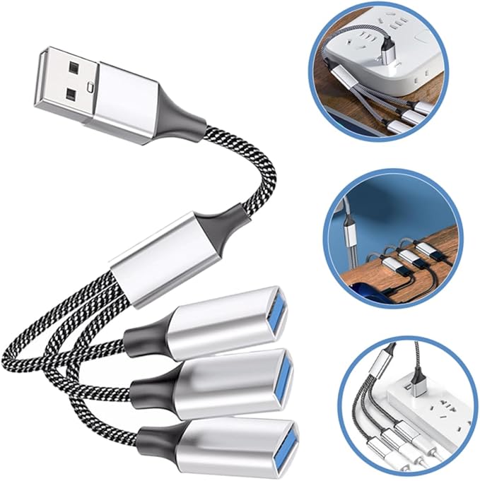 KALLORY USB Hub Splitter 1 Male to 3 Female Portable USB Power Adapter for Laptop and Car for Fast Charging and Data Sync
