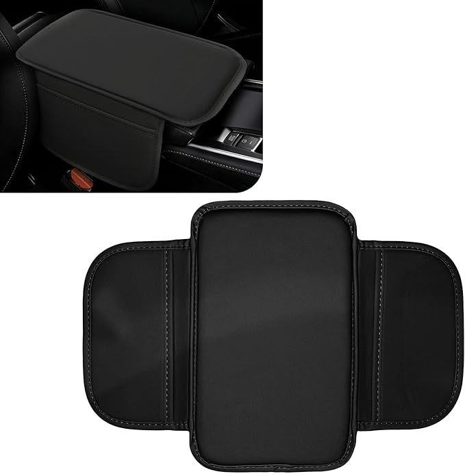 Car Center Console Cover Arm Rest Cover Pad for Car Armrest Box, Middle Console Covers Leather Armrest Box Mat Pad Protector Cushion with 2 Storage Bags for Cars Interior Accessories(Black)