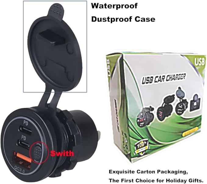3 Ports 18W USB Car Charger with Switch, 12-24V QC 3.0 USB & Dual PD USB C Cigarette Lighter Socket Outlet, Dashboard Mount Quick Charge Charger for Car Motorcycle Truck Marine Boat (Blue)