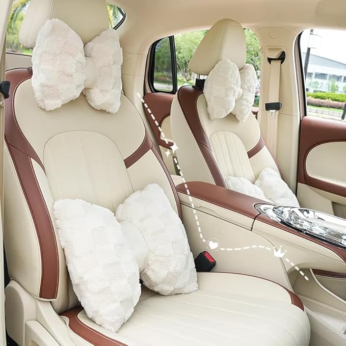 4 Pack Car Neck Pillow and Lumbar Support Cushion Plush Butterfly Knot Headrest Pillow Comfortable Waist Support Cute Car Interior Decor