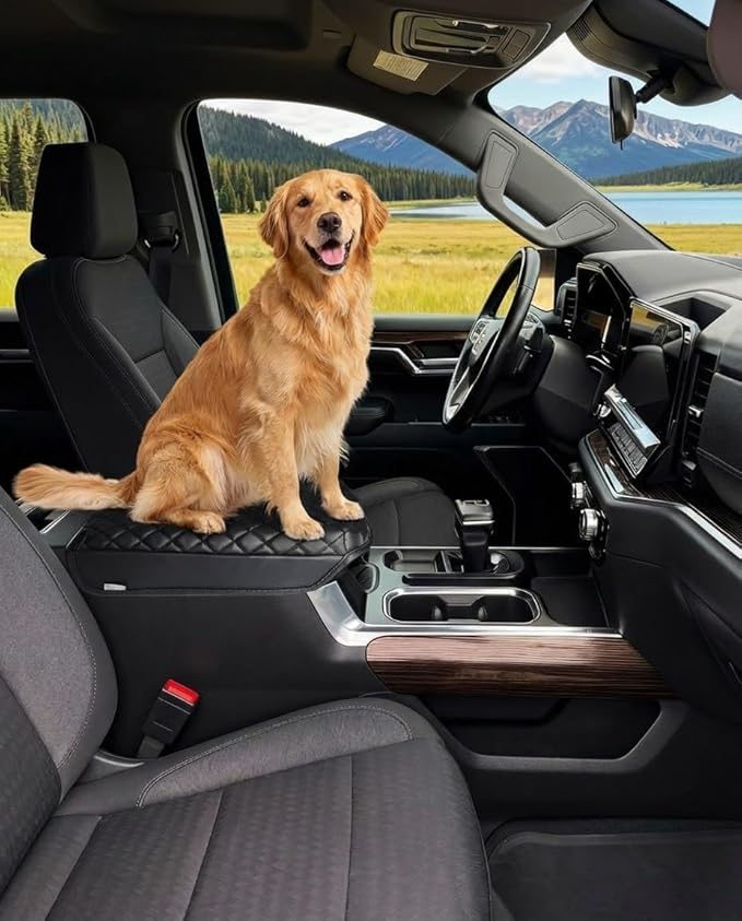Center Console Armrest Cover for Chevy Chevrolet Silverado 1500/GMC Sierra 2019-2026, Yukon/Suburban/Tahoe 2021-2026, PU Leather Middle Console Lid Protector Arm Rest Cushion Thick Pad(Bucket Seat)